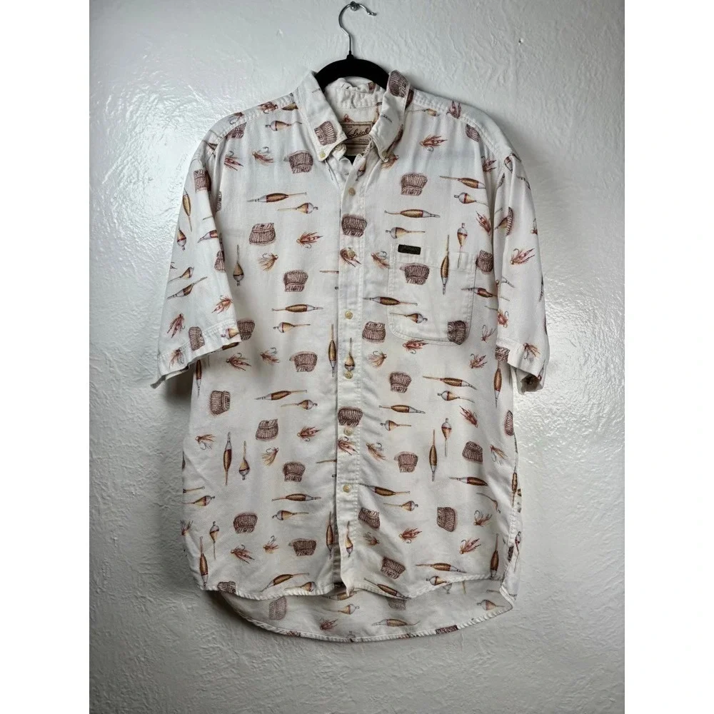 Woolrich Fishing Print Shirt Mens L‎ Cream Short Sleeve Cotton Fathers Day Dad